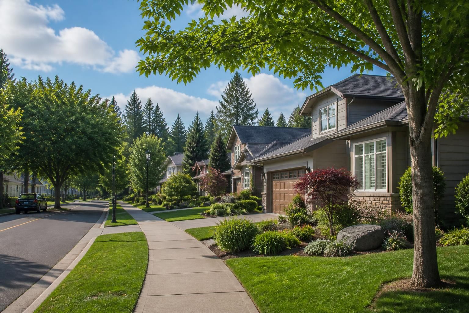 Well-kept Beaverton neighborhood with mature greenery and bright sky