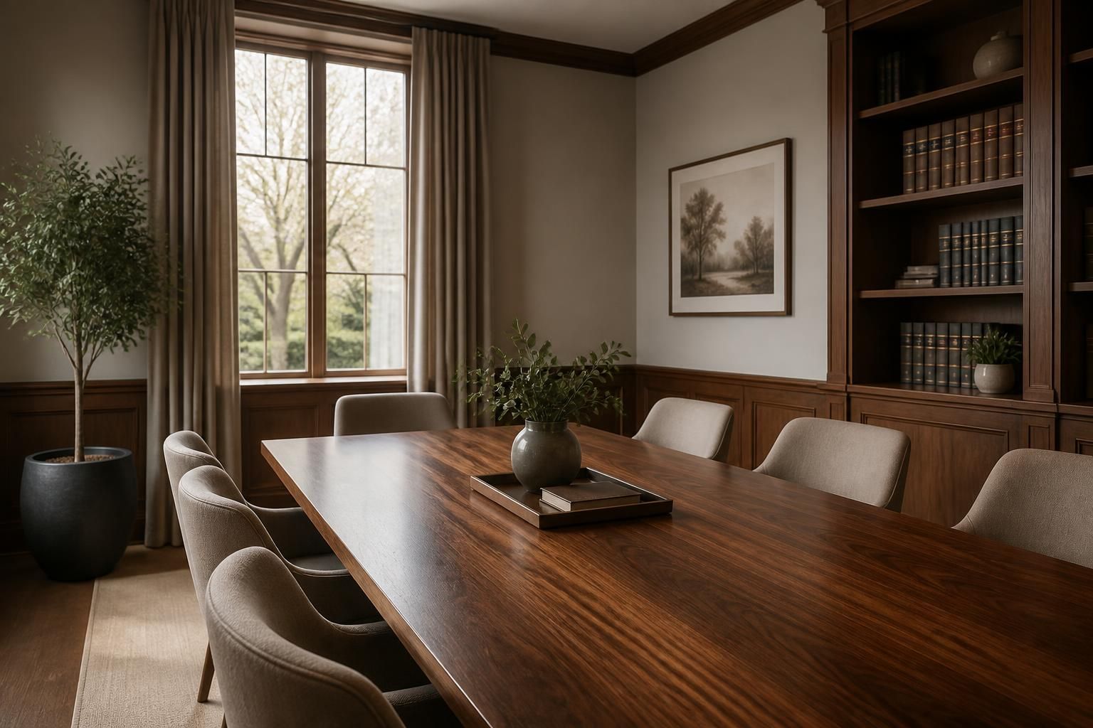 Modern legal conference room with warm wood accents and soft natural light