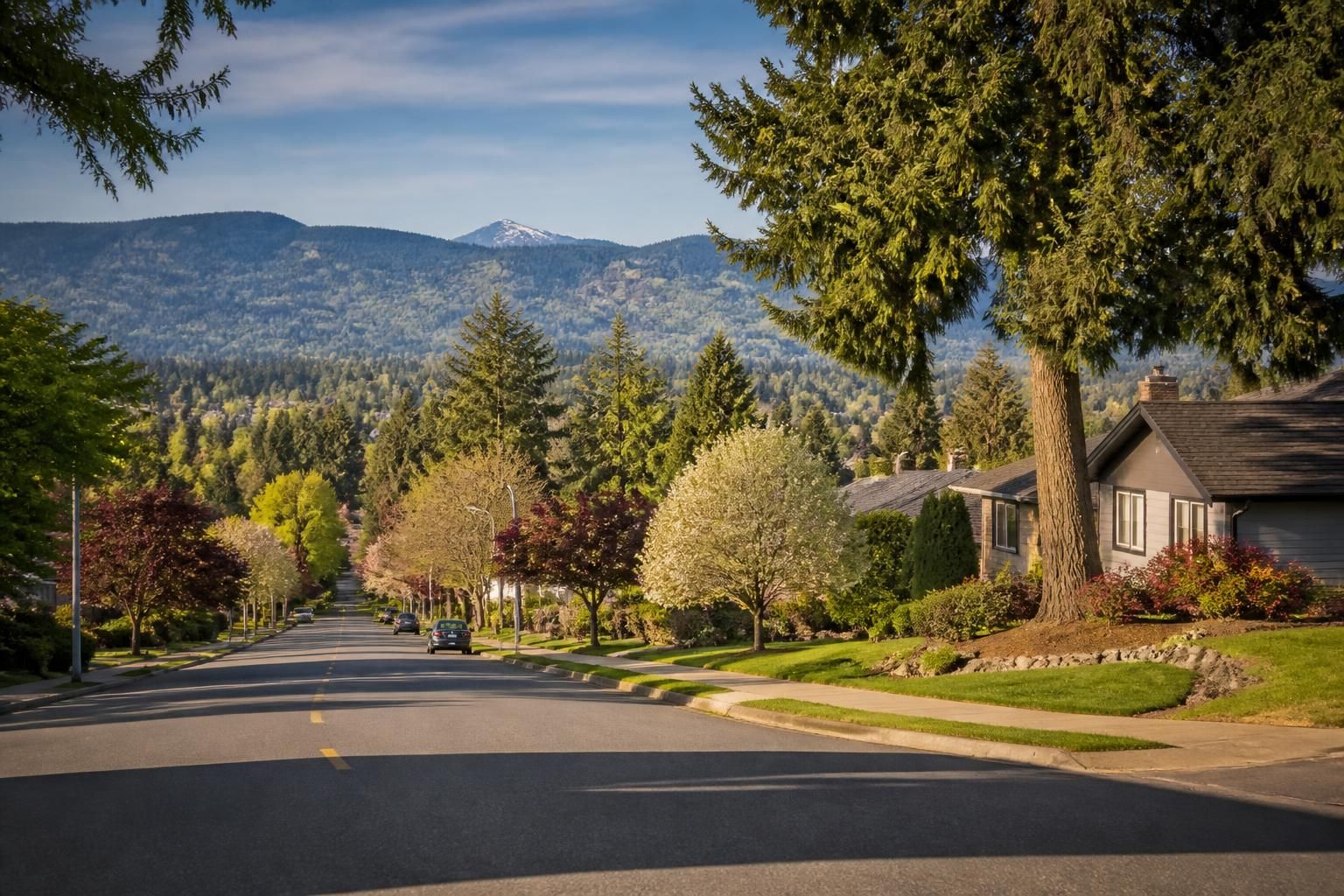 Gresham neighborhood street with mature trees and distant foothills