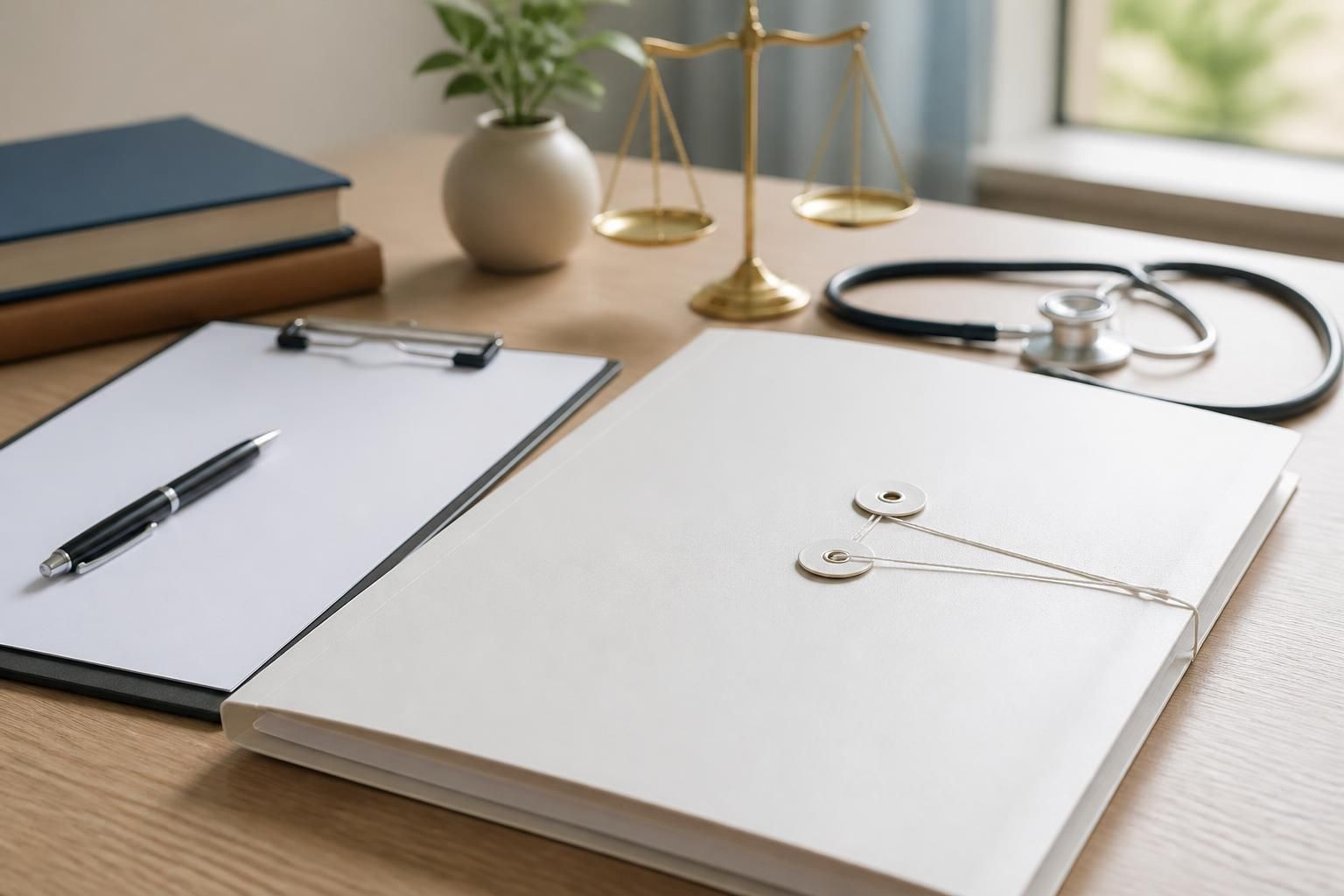 White folder and clipboard on a clean table with soft daylight