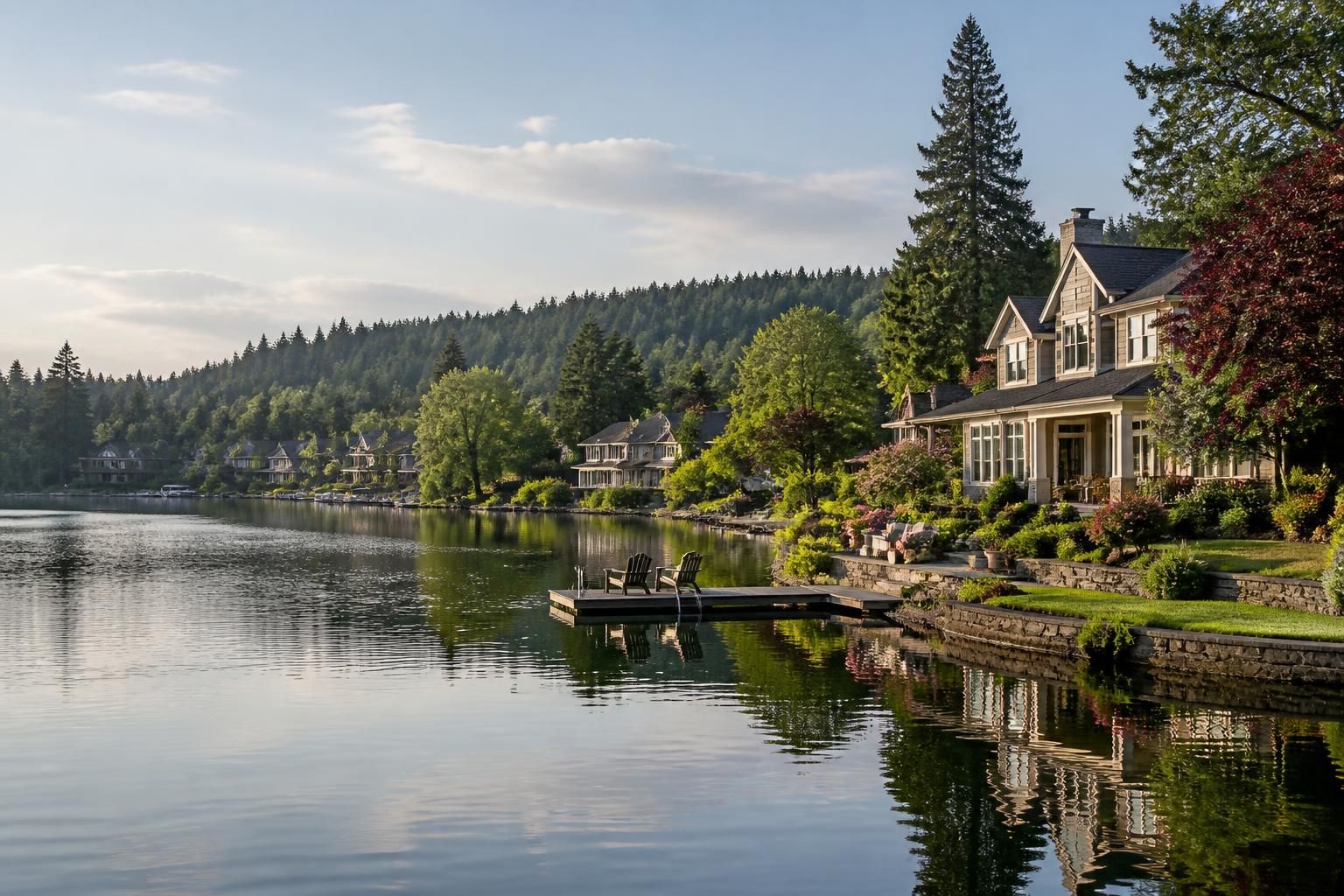 Lakeside Lake Oswego neighborhood with elegant homes and calm water