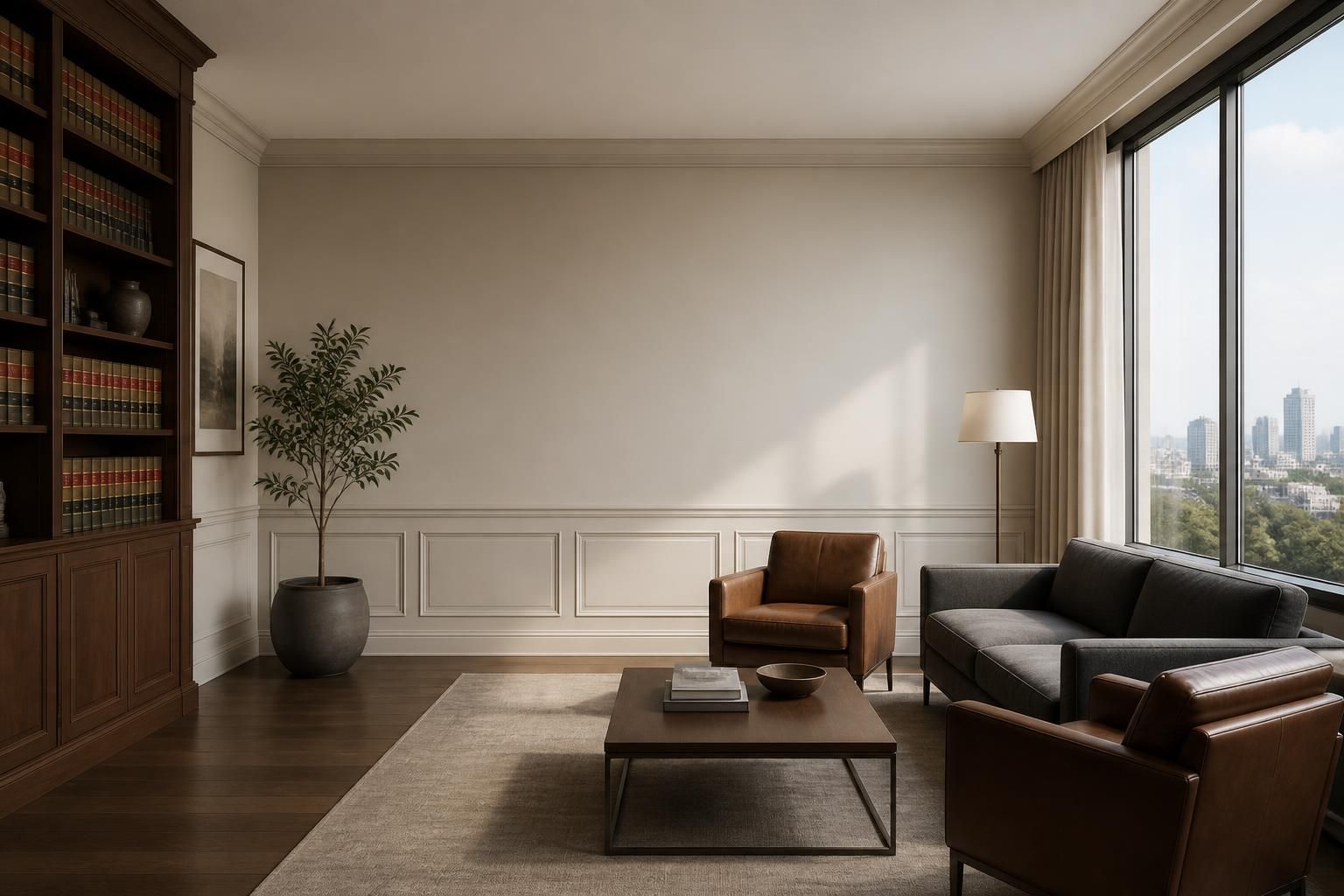 Elegant law office lounge with bright window light and open space
