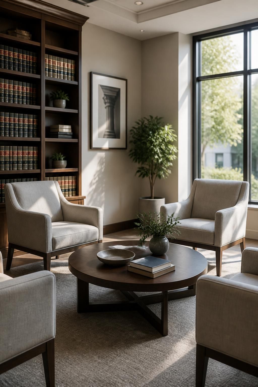 Inviting law office interior with bookshelves and a sunlit meeting area