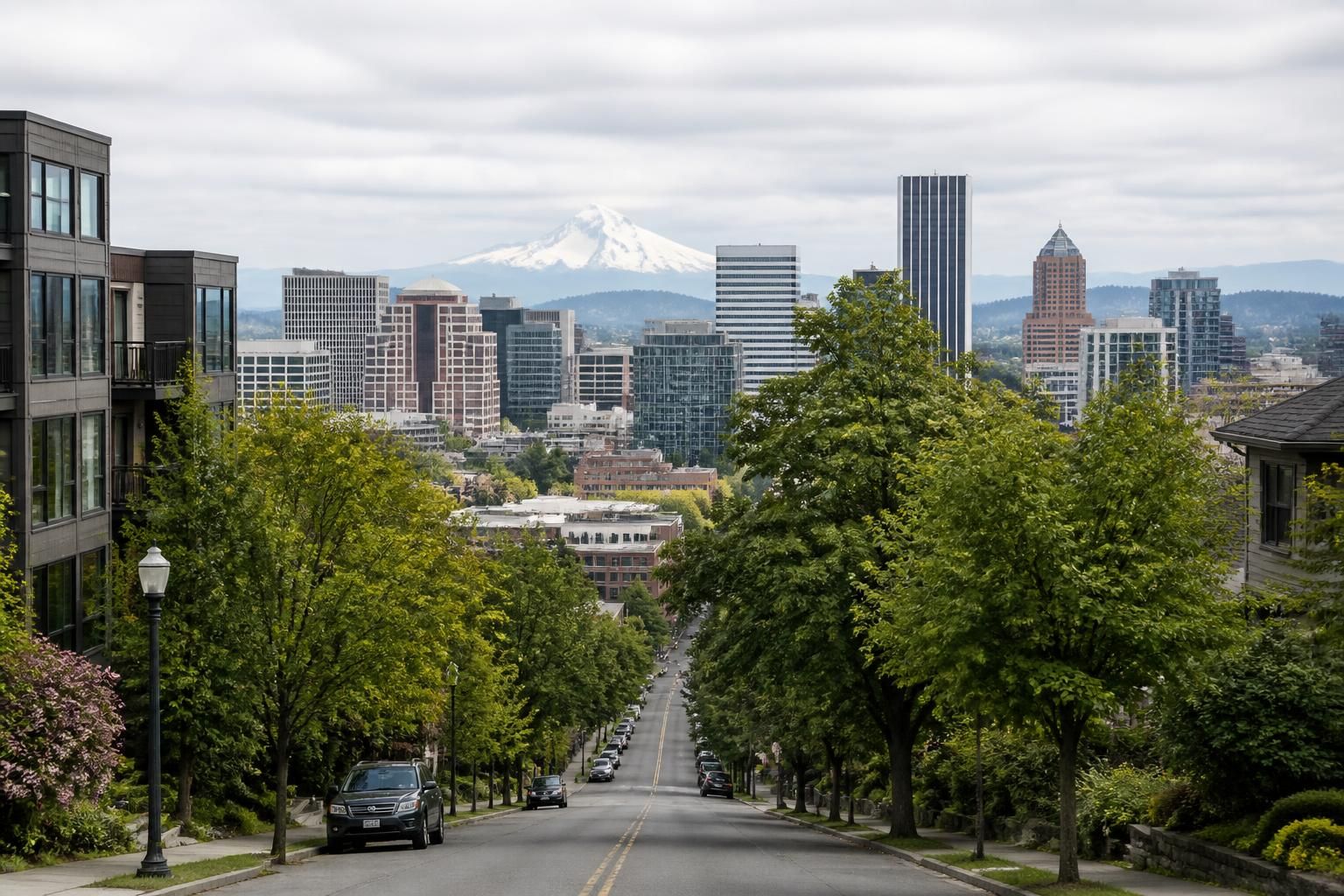 Tree-lined Portland city street with modern buildings and soft daylight