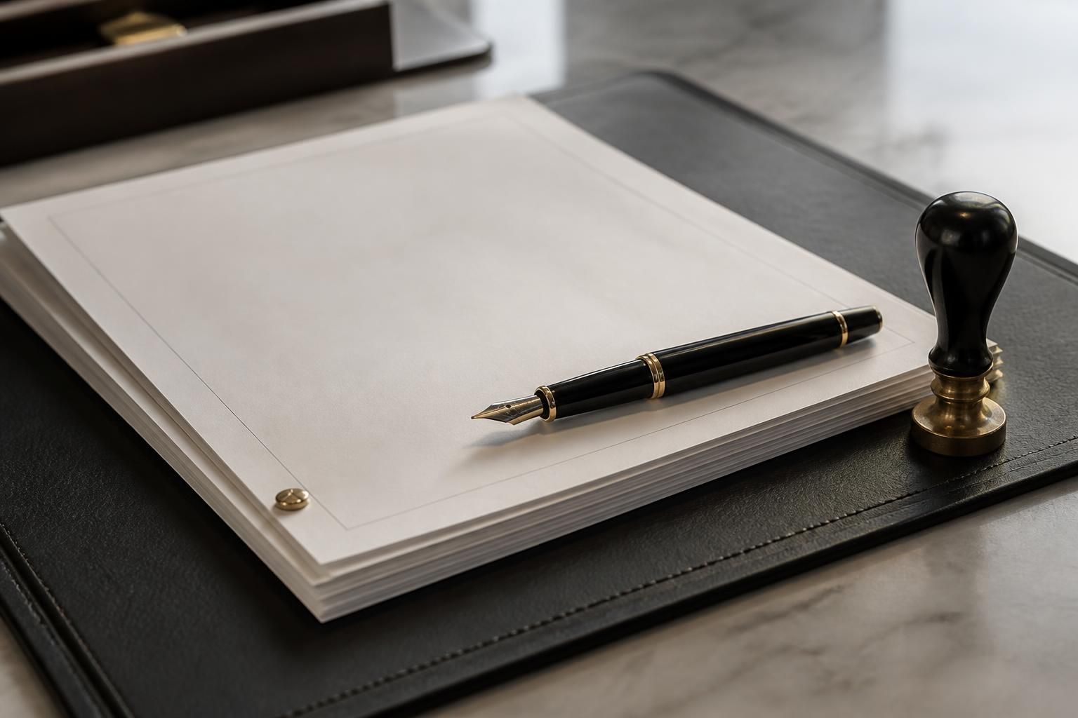 Document stack with fountain pen and desk seal on a clean surface