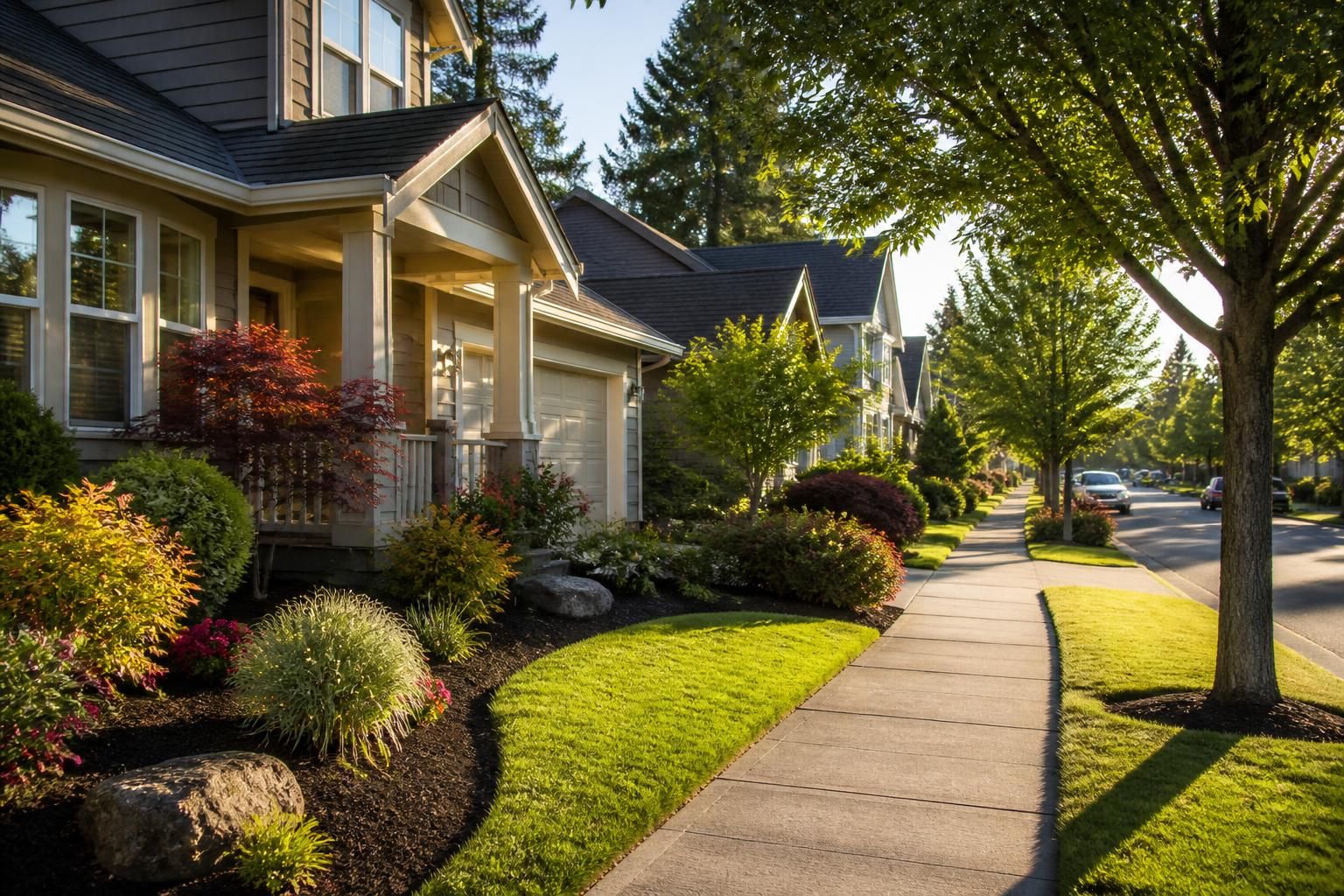 Tigard suburban street with manicured landscaping and warm light