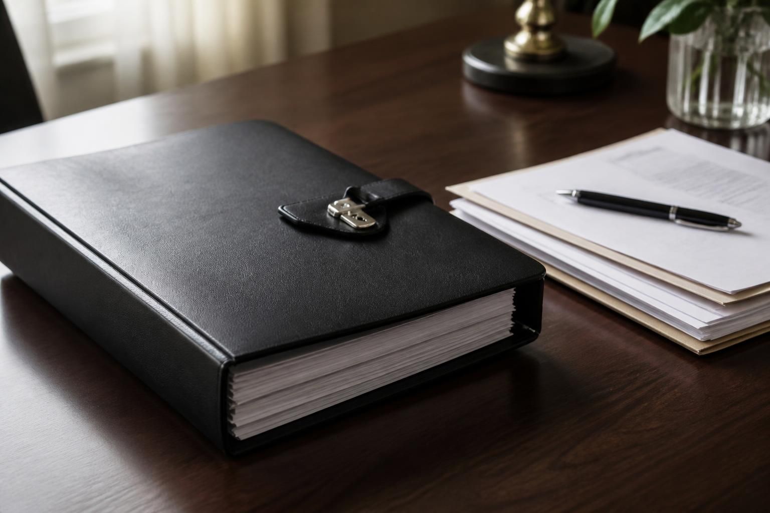 Legal binder and documents arranged on a refined wood surface