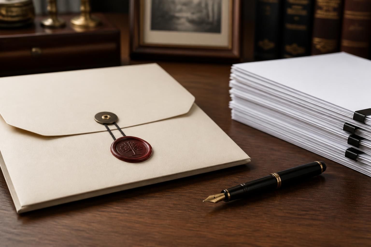 Estate planning documents with a sealed folder and fountain pen